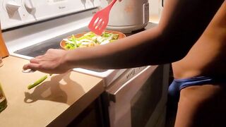 Shy twink cooks you dinner wearing just his thong