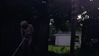 Thonged twink jerks off outside his ass drips on the grass