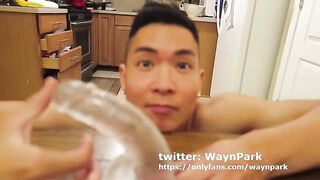 Horny Asian Twink deep throats his toy while flexing raw muscle