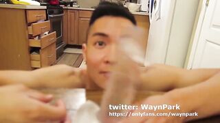 Horny Asian Twink deep throats his toy while flexing raw muscle