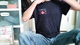 Twink tears his own sleeve making cum spray everywhere