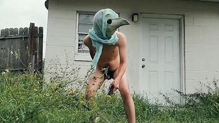 Twink trims grass naked outside got caught public nudity begs mercy