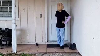 Twink undresses while cleaning teased with thong barely hiding