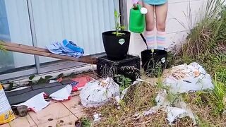 Twink undresses while cleaning teased with thong barely hiding