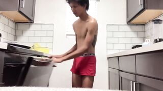 Filipino twink jerks off in kitchen squirts cum all over stove