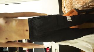 Cute 18 year old boy strips teases then cums all over his tiny hands solo