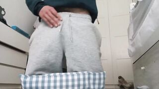 Personal trainer gets his big cock out in gym pants while you watch