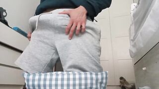 Personal trainer gets his big cock out in gym pants while you watch