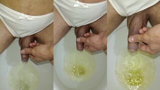 Desperate young teen pissing with throbbing erection and bulging veins