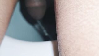 Skinny femboy pees hard then jerks off in toilet until he drips
