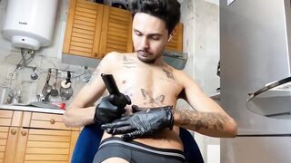 Skinny twink sucks his throbbing BBC while furiously jerking off alone
