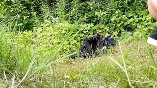 Caught stroking his twink cock outdoors until cum drips down his perfect legs