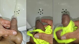 Desperate pissing in public bathroom with pantyhose masturbation close up caught me