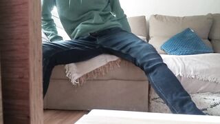 Big cock jerks off with TV remote cumshot gay solo