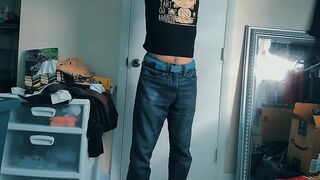 Twink tries on new thongs and wrecks them with cum in gay underwear