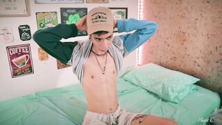 Sport twink’s throbbing cock bursts through shorts as he jerks to a sticky finish