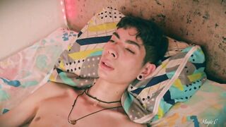 Twink gorges on his own thick load filling a condom with raw cum