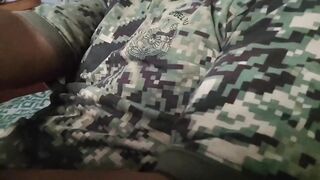 Military stud pumps his thick cock and blows his load on camera