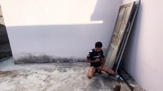 Twink jocking off in public street raw solo cumshot