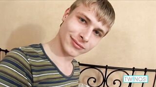 Blonde twink Bobby N strokes his big dick then cums all over his tight hole
