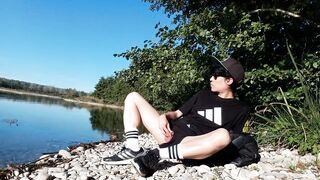 Gay twink jerks off on cumbeach then real snake slithers over his sticky thighs