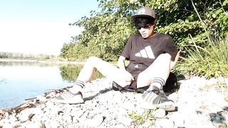 Gay twink jerks off on cumbeach then real snake slithers over his sticky thighs