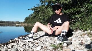 Gay twink jerks off on cumbeach then real snake slithers over his sticky thighs