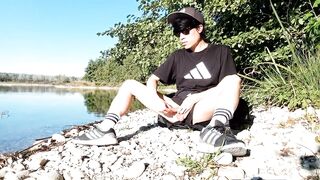 Gay twink jerks off on cumbeach then real snake slithers over his sticky thighs