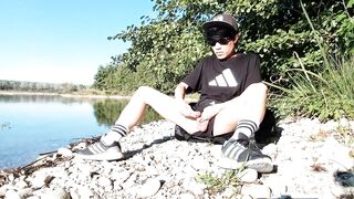 Gay twink jerks off on cumbeach then real snake slithers over his sticky thighs