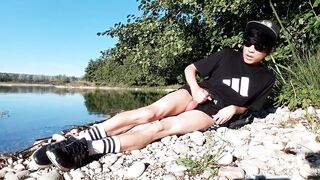 Gay twink jerks off on cumbeach then real snake slithers over his sticky thighs