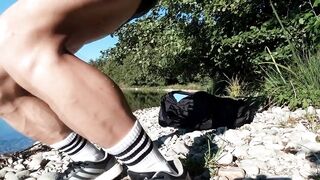Gay twink jerks off on cumbeach then real snake slithers over his sticky thighs