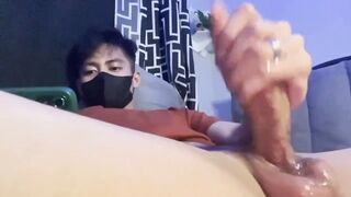 Big dick Asian jizz shot while jerking off alone