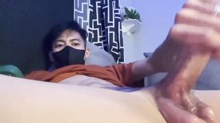 Big dick Asian jizz shot while jerking off alone