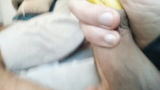 Bored Pig grabs banana juiced with his foreskin big BBC milk