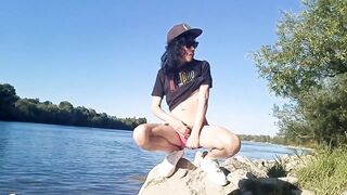 Risky river cumshot twink’s long black hair ruined outside