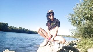 Risky river cumshot twink’s long black hair ruined outside