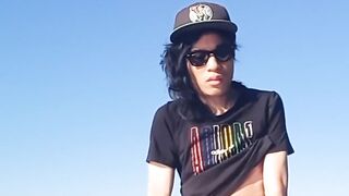Risky river cumshot twink’s long black hair ruined outside