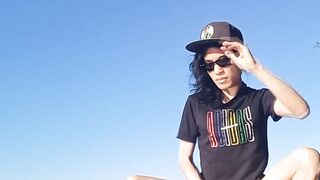 Risky river cumshot twink’s long black hair ruined outside