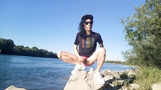 Risky river cumshot twink’s long black hair ruined outside