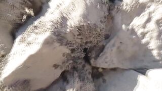 Risky river cumshot twink’s long black hair ruined outside