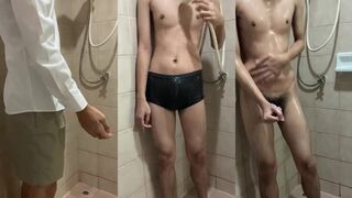 Twink shower alone fucks thick cock to messy cumshot
