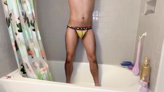 Morning yellow jockstrap gay peeing in bathtub destroyed