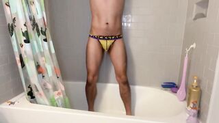 Morning yellow jockstrap gay peeing in bathtub destroyed
