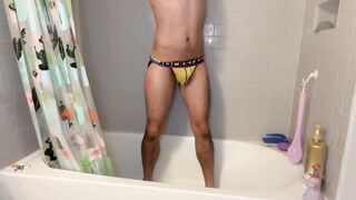 Morning yellow jockstrap gay peeing in bathtub destroyed