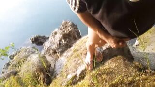 Twink's veiny toes squirted cum on flip flops while wanking outdoors