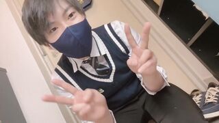 Highschool cosplay twink gets wrecked by his own cum from doorway butt plugging
