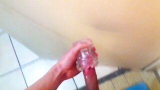 Twink shaved cock wrecked by lubed fleshlight deep throat cumshot on bathroom door