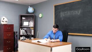 Detention twink gets plugged with a throbbing fat cock punished on desk