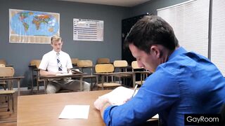 Detention twink gets plugged with a throbbing fat cock punished on desk