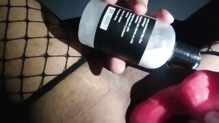 Femboy wrecks his tight hole with a dildo while jacking off alone in bed